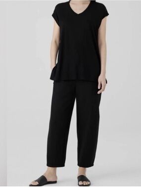 Eileen Fisher Fine Jersey Cap Sleeve V Neck Long Black Tunic Top Oversized XS